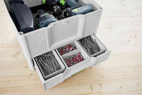 Sys3 Combo M Drawer Systainer With Front Access In A Tower Pro Grade Tool Organizer showing open drawer with dividers and tools