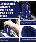 Cozy Hoodie Vibe Gear Shift Cover For Cars, stylish blue knit sleeve on car shift knob, easy to install, soft material close-up
