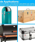 8 Pack Heavy Duty Toggle Latch Clamp With Lock Hole, 550 Lbs Holding Capacity, shown on smoker, tool box, and storage case