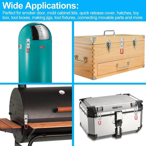 8 Pack Heavy Duty Toggle Latch Clamp With Lock Hole, 550 Lbs Holding Capacity, shown on smoker, tool box, and storage case