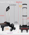 Lightweight Folding Backpack Trolley with Three Wheel Rolling Hand Truck design and buckle straps, dimensions in inches and cm.