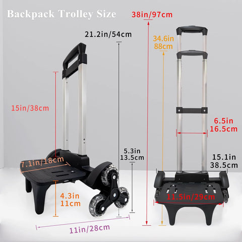 Lightweight Folding Backpack Trolley with Three Wheel Rolling Hand Truck design and buckle straps, dimensions in inches and cm.