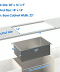 Diagram showing installation of Undermount Kitchen Sink 20 By 16 By 9 Inch, Single Bowl Wet Bar Prep Sink In 304 Stainless Steel with dimensions