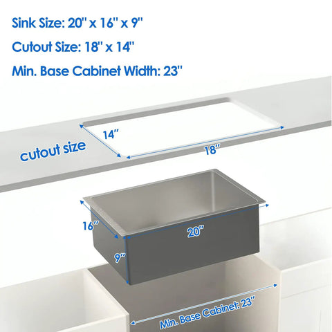 Diagram showing installation of Undermount Kitchen Sink 20 By 16 By 9 Inch, Single Bowl Wet Bar Prep Sink In 304 Stainless Steel with dimensions
