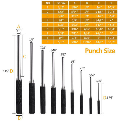 Pin Punch Set 14Pc Removing Repair Tools With Universal Block And Hammer, knurled handle pin punches size chart