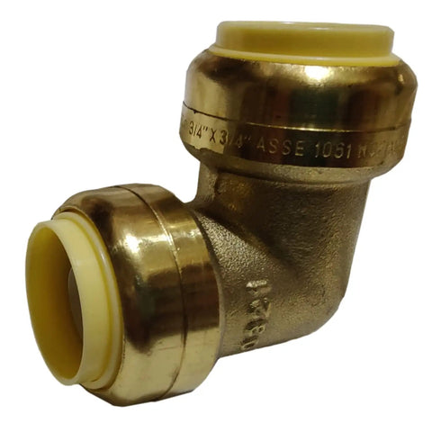 Three Quarter Inch Push Fit Elbow Set For Copper CPVC And PEX Pipes, Lead Free Brass Body, Corrosion Resistant, ANSI NSF Certified, 200 PSI 200F