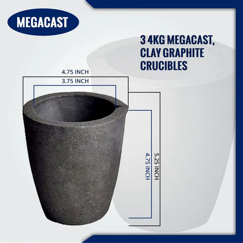 3-4 kg Megacast clay graphite crucible, dimensions 4.75 inch width, visible in cup furnace