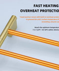 Swivel 4 Arm Towel Warmer Rack With Built In LED Timer Indicator Wall Mounted Plug In Electric Towel Heater Matte Black And Brushed Gold Finish close-up of gold bracket and rods for fast heating