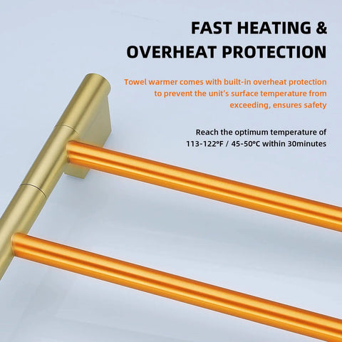 Swivel 4 Arm Towel Warmer Rack With Built In LED Timer Indicator Wall Mounted Plug In Electric Towel Heater Matte Black And Brushed Gold Finish close-up of gold bracket and rods for fast heating