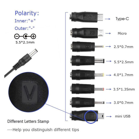 5V 2A Power Supply Charger With 8 Interchangeable Tips For TV Boxes, LED Strips, Tablets, Cameras, Webcams, Speakers, Routers And More; 6 Foot Cable, Worldwide 100 240V AC Adapter, 10W Output, tips labeled by size