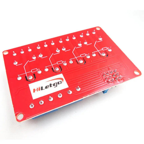 Back view of 12V Four Channel Relay Module With Opto Isolation And High And Low Level Trigger For Arduino And Home Automation, 250V AC Load, SMD Optocoupler For Projects on red PCB