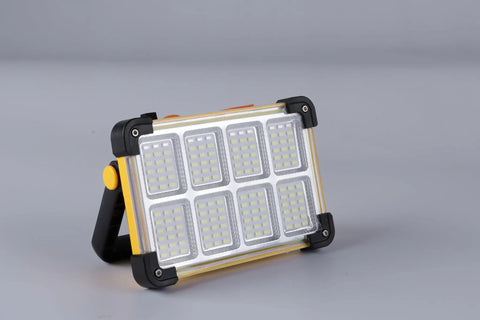 Rock Solid 120W Led Solar Work Light With Stand Blasts A Badass Ten Thousand Lumens Via Four Simple Switches Fully Rechargeable And IP65 Rated For Camping Fishing Car Detailing And Outdoor Chores Yellow