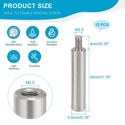 M2.5 Stainless Steel Standoff Extension Posts With Male And Female Threads Precision Machined For Circuit Boards Drones And Tech Builds Rock Solid 12 Piece Heavy Duty Hardware Kit showing dimensions and details.