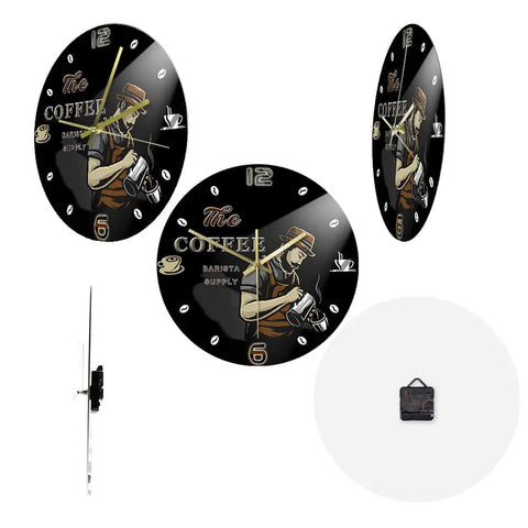 Barista Coffee Wall Clock 12 Inch Acrylic Print Battery Operated Silent Quartz Timepiece For Cafe Shop Decor Gift For Coffee Lovers Non Ticking Design, black wall clock with barista image