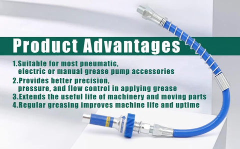 Front view: blue flexible grease gun hose with metal coupler and lock-on high-pressure fitting.
