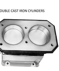 Twin-cylinder cast-iron air compressor pump head, front view