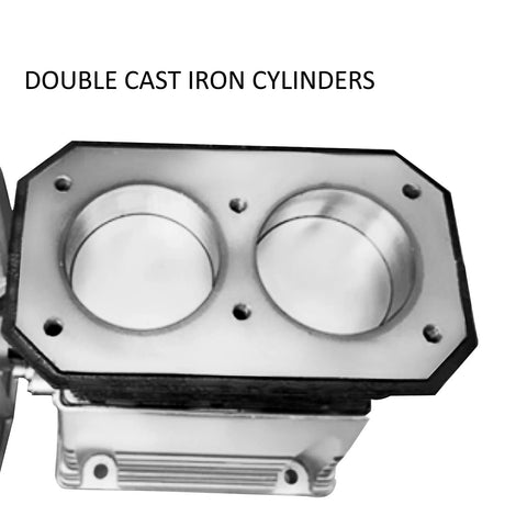 Twin-cylinder cast-iron air compressor pump head, front view