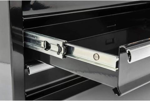 Ball bearing slides on a 20-inch Three Drawer Steel Toolbox with Keyed Center Lock Black Powder Coat That Resists Rust