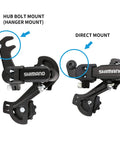 Rear Derailleur RD-TZ31-A for 6/7 speed mountain bikes, showcasing direct mount and hanger mount options in black aluminum.