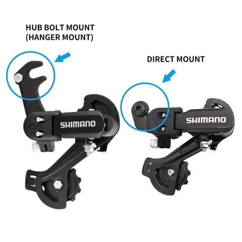 Rear Derailleur RD-TZ31-A for 6/7 speed mountain bikes, showcasing direct mount and hanger mount options in black aluminum.
