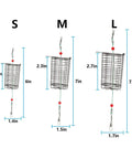 Ten Pieces Stainless Steel Fishing Bait Cage Feeder Set With S M L Sizes Rust Resistant Cage Traps size comparison dimensions.