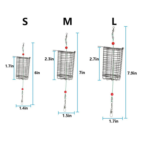 Ten Pieces Stainless Steel Fishing Bait Cage Feeder Set With S M L Sizes Rust Resistant Cage Traps size comparison dimensions.