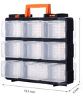 16 Compartment Detachable Toolbox Organizer With Removable Sections And Clear Lid shown front view with orange handle