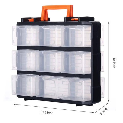 16 Compartment Detachable Toolbox Organizer With Removable Sections And Clear Lid shown front view with orange handle
