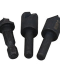 Three black countersink drill bits for wood and soft metal; 70° and 90° chamfers, assorted sizes.