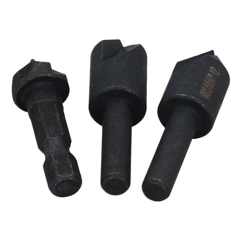 Three black countersink drill bits for wood and soft metal; 70° and 90° chamfers, assorted sizes.