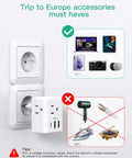 Six in One European Travel Plug Adapter with USB ports and Type C power for US to Europe shown in wall outlet with compatible devices