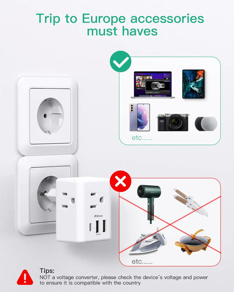 Six in One European Travel Plug Adapter with USB ports and Type C power for US to Europe shown in wall outlet with compatible devices