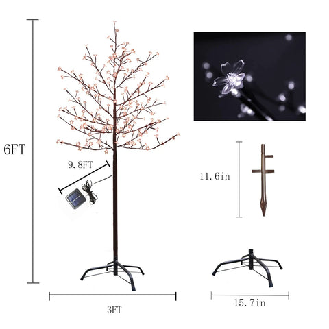 6 Foot Solar Cherry Blossom Tree Light With 200 LED Purple Lights That Look Lit, 6ft tall with stands and close-up of blossom.