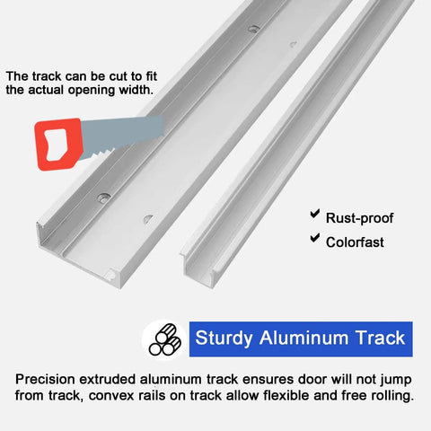 Ghost Mirror Sliding Door Hardware Kit for Concealed Systems with aluminum track close-up, rust-proof and colorfast.