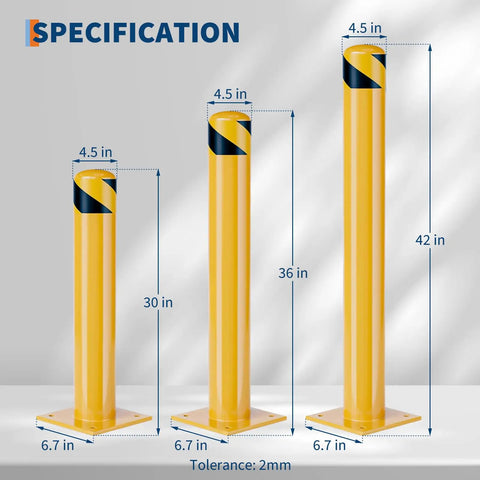 Tough As Nails Yellow Steel Safety Bollards, Anchored 36 Inch Parking Posts for Heavy Traffic Lots, showing height specifications.