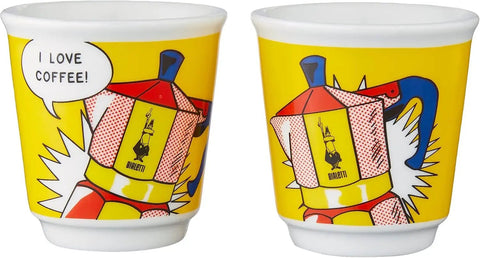 Mini Express Pop Art Series Moka Pot Coffee Maker Set For Two With Dual Glass Shot Cups Vibrant Yellow Aluminum espresso cups