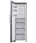 Large 11 Cubic Foot Convertible Upright Freezer And Fridge Flip Featuring Even Airflow And Reversible Door Design Energy Star Certified Stainless Steel Construction interior view showing storage shelves and bins.