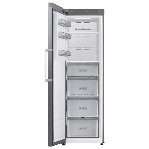 Large 11 Cubic Foot Convertible Upright Freezer And Fridge Flip Featuring Even Airflow And Reversible Door Design Energy Star Certified Stainless Steel Construction interior view showing storage shelves and bins.
