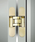 Tough As Nails Self Locking Concealed Wood Door Hinge Built Heavy Duty For Cabinets And Large Storage Boxes With Smooth 180 Degree Swing In Classic Gold Finish Hardware close-up view.