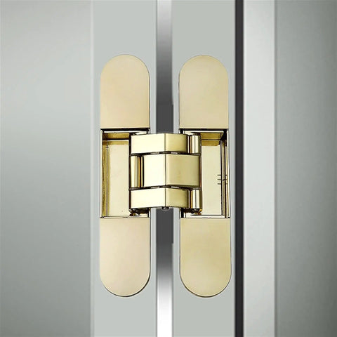 Badass Heavy Duty Hidden Hinge For Wood Doors And Cabinets Self Locking Adjustable Concealed Joint Gold Finish supports heavy doors.
