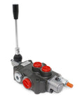 Monoblock hydraulic directional control valve with 1 spool and SAE ports; gray body with red cap ports and long black lever.