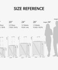 Size comparison chart for Lightweight 20 Inch Carry On Luggage With Wheels Airline Approved Hard Shell Case TSA Lock Fits Overhead Bins 22x14x9 38L Travel Bag In Smoke White Ideal For Grab And Go Getaways For Quick Business Trips with other luggage sizes.