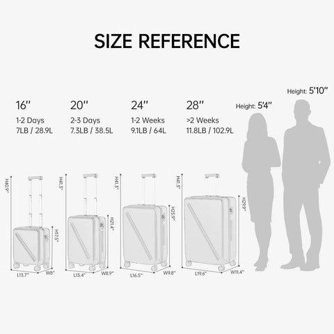 Size comparison chart for Lightweight 20 Inch Carry On Luggage With Wheels Airline Approved Hard Shell Case TSA Lock Fits Overhead Bins 22x14x9 38L Travel Bag In Smoke White Ideal For Grab And Go Getaways For Quick Business Trips with other luggage sizes.