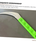 Close-up of a steel weeding sickle with green handle from Two Piece Manual Weeding Sickle Tool Set For Quick Garden Clearing And Harvesting Portable Multi Functional Garden Tool For Flowers And Veggies Easy To Use Weeder For Home Gardens.