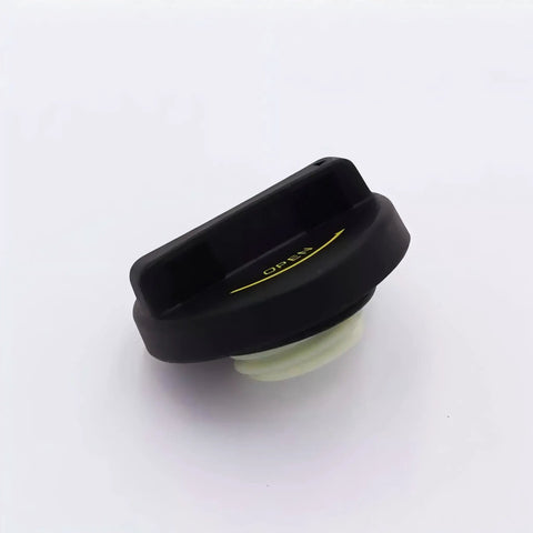Side view of Hyundai And Kia Engine Oil Filler Cap Replacement 26510-26611, black plastic cap with yellow lettering.