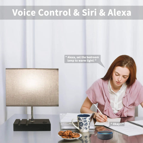 Color Changing Smart Lamp For Bedroom With App Control And WiFi Alexa Support beside person writing at desk