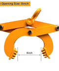 Front view of orange heavy-duty steel pallet puller clamp with 8-inch jaw opening.