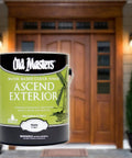 Clear Water Based Wood Finish Satin Matte Gallon 71001 in front of wooden door, protective coat for cabinets and furniture