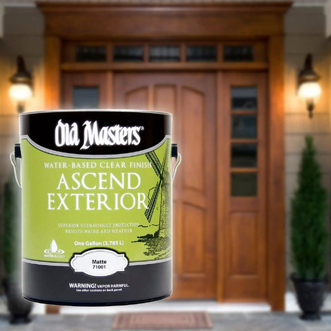 Clear Water Based Wood Finish Satin Matte Gallon 71001 in front of wooden door, protective coat for cabinets and furniture