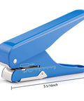 Side view of blue handheld badge slot punch for PVC ID cards, business cards, name tags, and luggage tags with 19/32 by 5/32 inch hole.